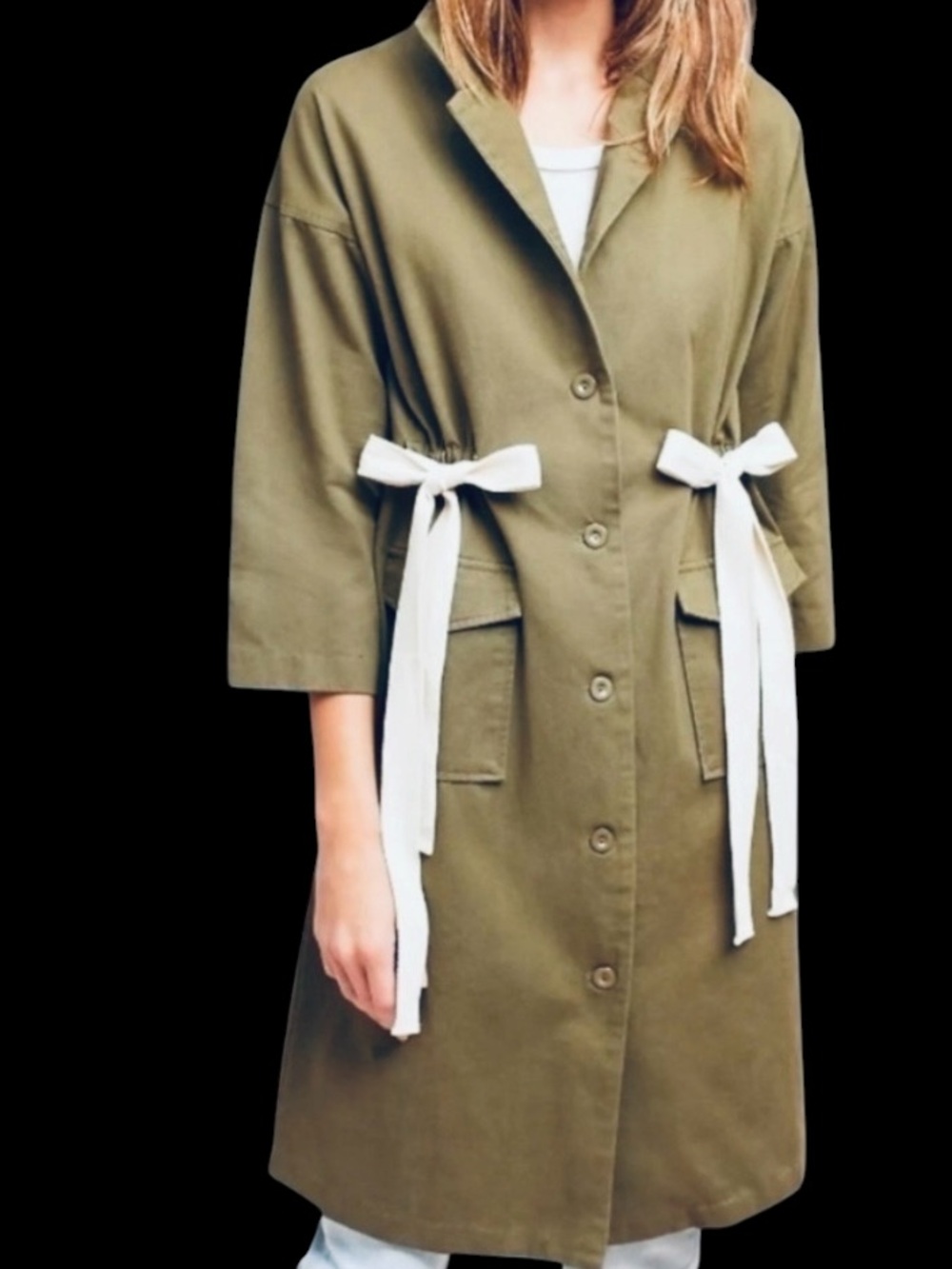 Anthropologie Harlyn Olive Army Green Bow Tie Long Utility Trench Cargo Jacket M